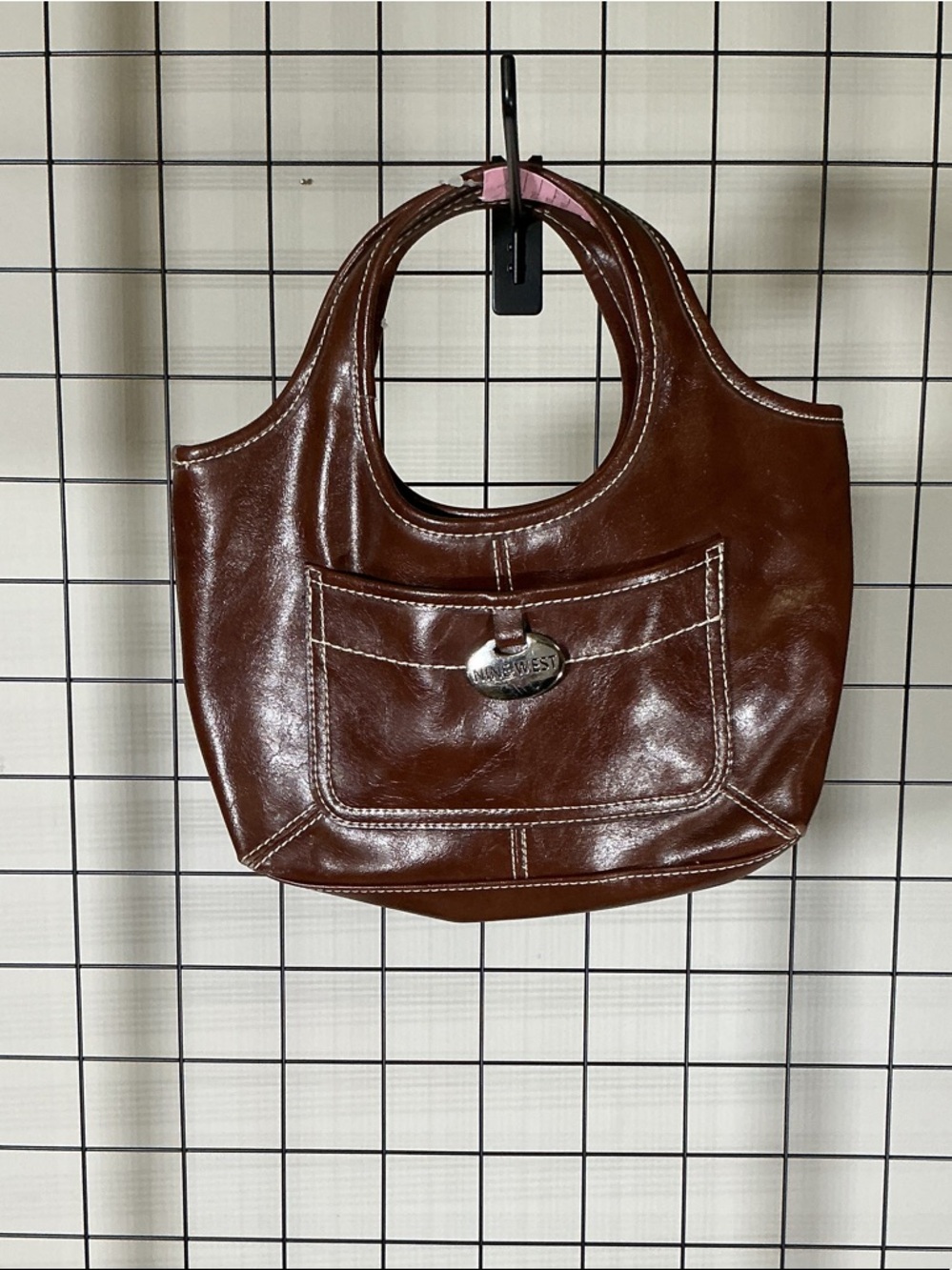 Nine West Brown Leather Top Handle Handbag Classic Structured + Scarf Accent - Picture 2 of 7